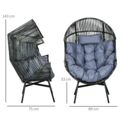 Rackhams Rattan Leisure Chair w/ Cushion, Garden Egg Chair with Headrest, Grey - Light Grey - Steel, PE Rattan - 89cm x 75cm x 143cm - thumbnail 6