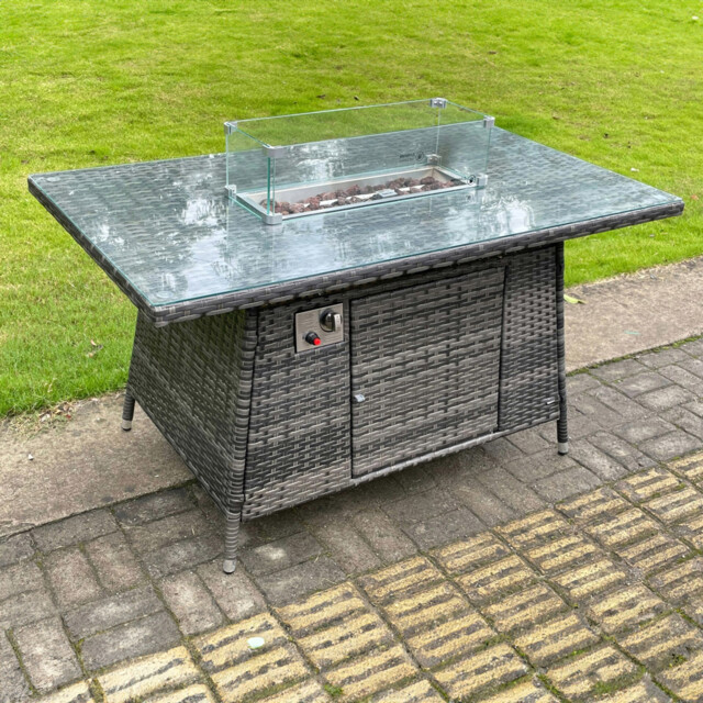 Rackhams Outdoor PE Dark Mixed Grey Rattan Propane Butane Gas Fire Pit Dining Rectangular Oblong Table Gas Heater Burner Garden Furniture Accessory - image 1