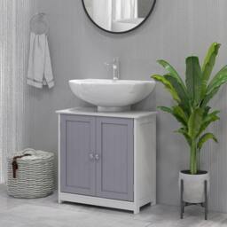 Rackhams 60x60cm Under-Sink Storage Cabinet w/ Adjustable Shelf Handles Drain Hole Bathroom Cabinet Space Saver Organizer White and Grey - thumbnail 2