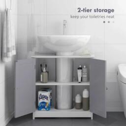 Rackhams 60x60cm Under-Sink Storage Cabinet w/ Adjustable Shelf Handles Drain Hole Bathroom Cabinet Space Saver Organizer White and Grey - thumbnail 5