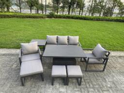 Rackhams Aluminium Garden Furniture Sets 8 Seater Outdoor Sofa Set with Adjustable Rising Dining Table 2 Chairs 3 Footstools Side Table - Dark Grey - thumbnail 2