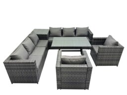 Rackhams Outdoor Corner Sofa Chair Dining Table Set Garden Rattan Furniture Set 8 Seater with Side Table Dark Grey - thumbnail 1