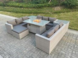 Rackhams Rattan Outdoor Garden Furniture Set with Gas Fire pit Burner, 3 Sofas, 2 Side Tables,  1 Footstool - 10 Seater - Light Grey - thumbnail 3