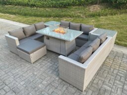 Rackhams Rattan Outdoor Garden Furniture Set with Gas Fire pit Burner, 3 Sofas, 2 Side Tables,  1 Footstool - 10 Seater - Light Grey - thumbnail 1