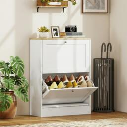 Rackhams 2 Flip Drawer Narrow Shoe Cabinet with Adjustable Shelves, White - Melamine coating - White - Particleboard - thumbnail 1