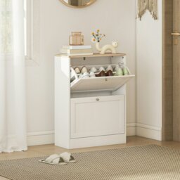 Rackhams 2 Flip Drawer Narrow Shoe Cabinet with Adjustable Shelves, White - Melamine coating - White - Particleboard - thumbnail 2