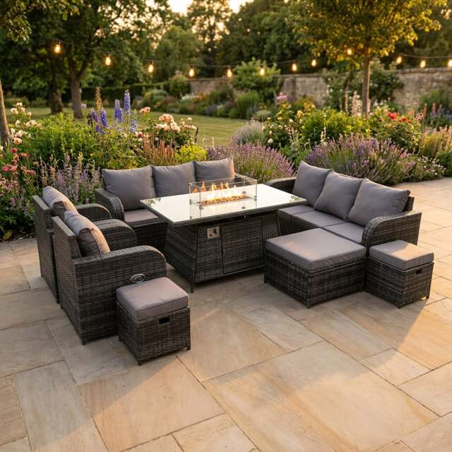 Rackhams 11 Seater Rattan Outdoor Garden Furniture Set with Gas Fire Pit Dining Table, 2 Chairs, 2 Sofas, 3 Footstools - Dark Grey - image 1