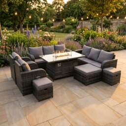 Rackhams 11 Seater Rattan Outdoor Garden Furniture Set with Gas Fire Pit Dining Table, 2 Chairs,  2 Sofas, 3 Footstools - Dark Grey - thumbnail 1