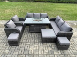 Rackhams 11 Seater Rattan Outdoor Garden Furniture Set with Gas Fire Pit Dining Table, 2 Chairs,  2 Sofas, 3 Footstools - Dark Grey - thumbnail 2