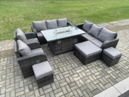 Rackhams 11 Seater Rattan Outdoor Garden Furniture Set with Gas Fire Pit Dining Table, 2 Chairs,  2 Sofas, 3 Footstools - Dark Grey - thumbnail 3