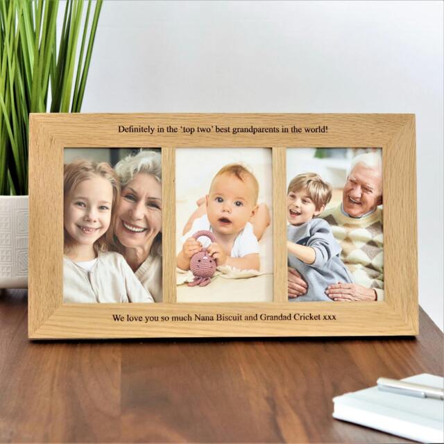"Rackhams Personalised Solid Oak Three Aperture Picture Frame - For 6x4"" Photos - For 6""x4"" photos - Engraved + Prints" - image 1