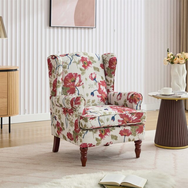 Rackhams Wingback Tartan Armchair, Retro Accent Chair Soft Padded Fabric Lounge Padded Sofa Chair with  Solid Wood Frame - Red Flower - image 1