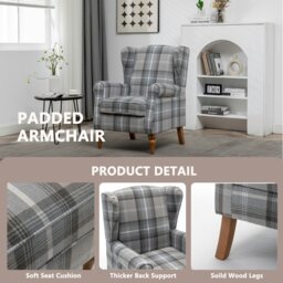 Rackhams Wingback Tartan Armchair, Retro Accent Chair Soft Padded Fabric Lounge Padded Sofa Chair with  Solid Wood Frame - Red Flower - thumbnail 3