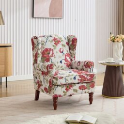 Rackhams Wingback Tartan Armchair, Retro Accent Chair Soft Padded Fabric Lounge Padded Sofa Chair with  Solid Wood Frame - Red Flower