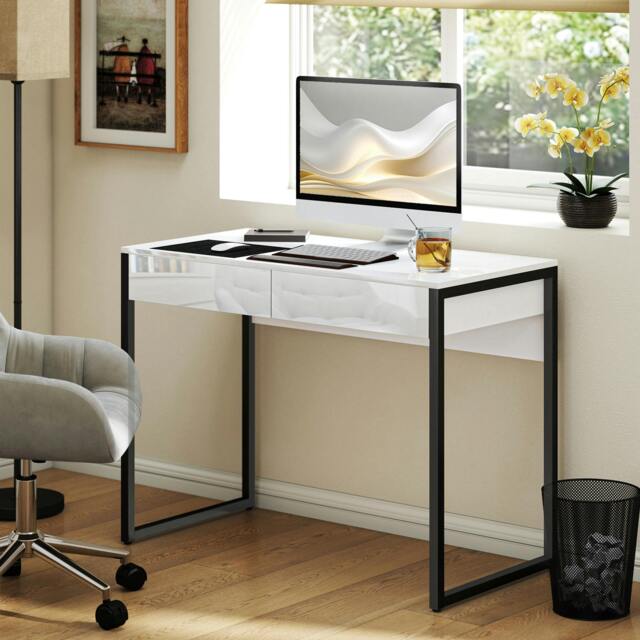 Rackhams Modern Home Office Desk with High Gloss 2 Drawers Finish White Black - 50 - 100 - 75 - image 1