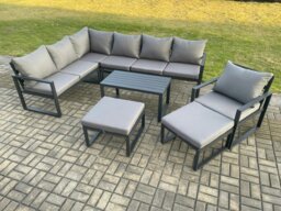 Rackhams Aluminum 9 Seater Outdoor Lounge Corner Sofa Set Garden Furniture Sets with Oblong Coffee Table Chair 2 Big Footstool Dark Grey - thumbnail 1