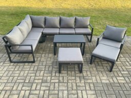 Rackhams Aluminum 9 Seater Outdoor Lounge Corner Sofa Set Garden Furniture Sets with Oblong Coffee Table Chair 2 Big Footstool Dark Grey - thumbnail 2