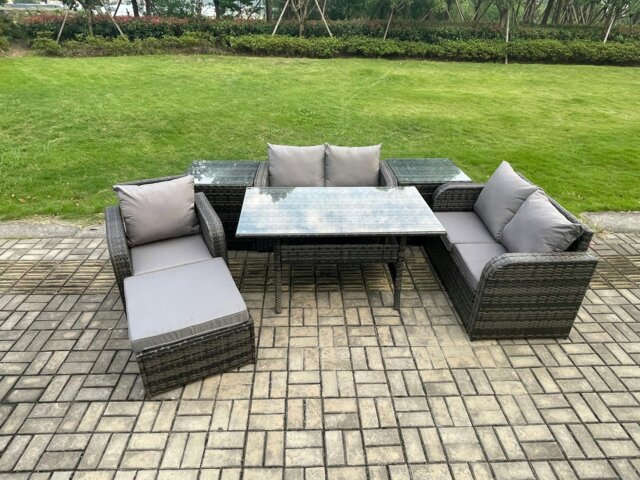 Rackhams Lounge Rattan Sofa Set Outdoor Garden Furniture Oblong Rectangular Dining Table With Chairs 2 Side Tables Big Footstool Dark Grey Mixed - image 1