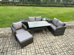 Rackhams Lounge Rattan Sofa Set Outdoor Garden Furniture Oblong Rectangular Dining Table With Chairs 2 Side Tables Big Footstool Dark Grey Mixed - thumbnail 2