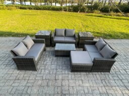 Rackhams 7pc Rattan Sofa Garden Furniture Outdoor Patio Set with 2 Side Tables Big Footstool Double Seat Sofa Dark Grey Mixed - thumbnail 1