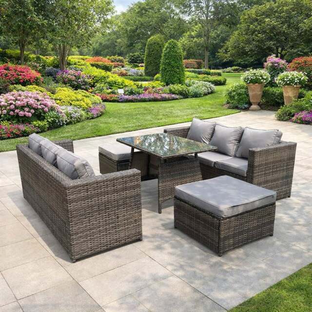 Rackhams 8 Seater Rattan Outdoor Dining Set with Dining Table, 2 Sofas & 2 Footstools -  Dark Grey - image 1