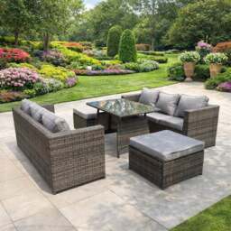 Rackhams 8 Seater Rattan Outdoor Dining Set with Dining Table, 2 Sofas & 2 Footstools -  Dark Grey - thumbnail 1