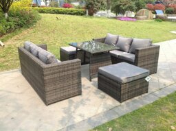Rackhams 8 Seater Rattan Outdoor Dining Set with Dining Table, 2 Sofas & 2 Footstools -  Dark Grey - thumbnail 3