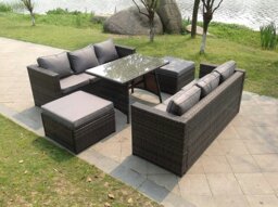 Rackhams 8 Seater Rattan Outdoor Dining Set with Dining Table, 2 Sofas & 2 Footstools -  Dark Grey - thumbnail 2