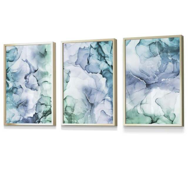 Rackhams Set of 3 Abstract Floral Fluid in Blue Green and Purple Framed Wall Art - 50x70cm - Gold - image 1