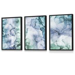 Rackhams Set of 3 Abstract Floral Fluid in Blue Green and Purple Framed Wall Art - 50x70cm - Gold - thumbnail 4