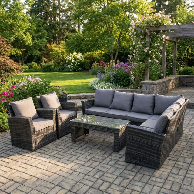 Rackhams 8 Seat Rattan Garden Furniture Set with Corner Sofa, 2 Chairs & Coffee Table - Dark Grey - image 1