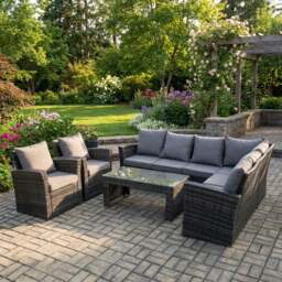 Rackhams 8 Seat Rattan Garden Furniture Set with Corner Sofa, 2 Chairs & Coffee Table - Dark Grey - thumbnail 1
