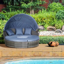 Rackhams 5 PCs Cushioned Outdoor Plastic Rattan Round Sofa Bed Table Set Black - Grey - PE rattan, Metal - 180cmx175cmx147cm