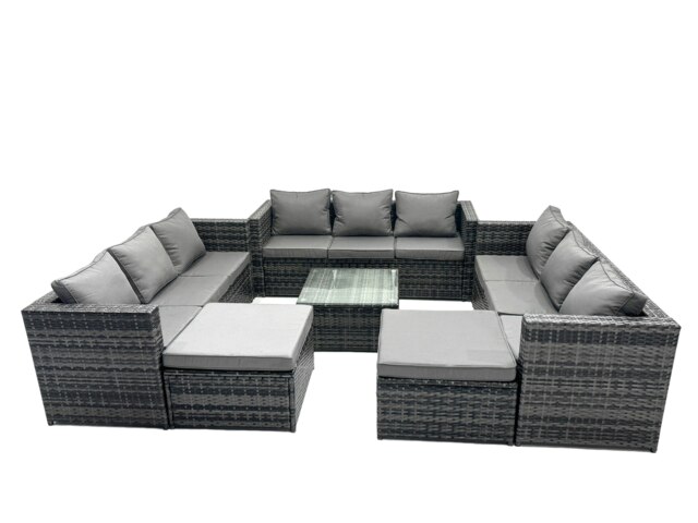 Rackhams Outdoor Rattan Garden Furniture Set 11 Seater Patio Lounge Sofa Set with Square Coffee Table 2 Big Footstools Dark Grey Mixed - image 1