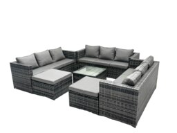 Rackhams Outdoor Rattan Garden Furniture Set 11 Seater Patio Lounge Sofa Set with Square Coffee Table 2 Big Footstools Dark Grey Mixed - thumbnail 2