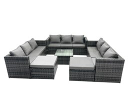 Rackhams Outdoor Rattan Garden Furniture Set 11 Seater Patio Lounge Sofa Set with Square Coffee Table 2 Big Footstools Dark Grey Mixed - thumbnail 1