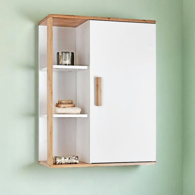 Rackhams Cassino Matt White & Bamboo Wall Bathroom Cabinet with Display Shelves - image 1