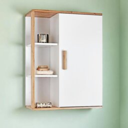 Rackhams Cassino Matt White & Bamboo Wall Bathroom Cabinet with Display Shelves - thumbnail 1