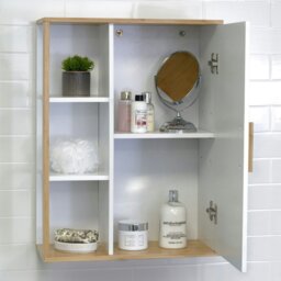 Rackhams Cassino Matt White & Bamboo Wall Bathroom Cabinet with Display Shelves - thumbnail 2