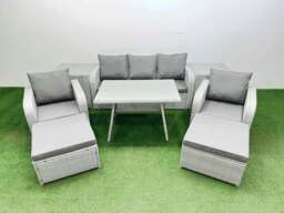 Rackhams Reclining Chair 3 Seat Sofa Set Garden Furniture Set with Rectangular Dining Table 2 Side Tables 2 Big Footstools Light Grey - thumbnail 1