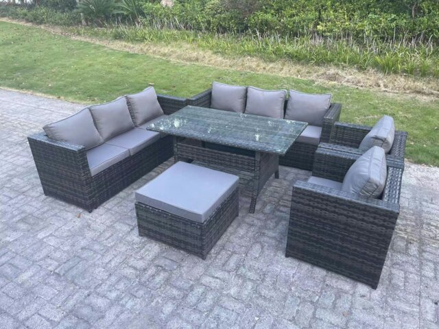 Rackhams Outdoor Lounge Sofa Garden Furniture Set Patio Rattan Rectangular Dining Table with 2 Armchair Big Footstool 9 Seater Dark Grey Mixed - image 1