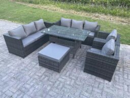 Rackhams Outdoor Lounge Sofa Garden Furniture Set Patio Rattan Rectangular Dining Table with 2 Armchair Big Footstool 9 Seater Dark Grey Mixed - thumbnail 2