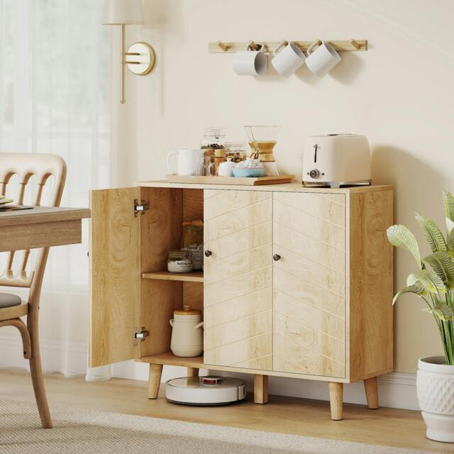 Rackhams Vintage Sideboard Cabinet with 3 Chevron Doors, Natural Wood Finish - Natural wood effect - Sideboard Cabinet - Natural wood - image 1