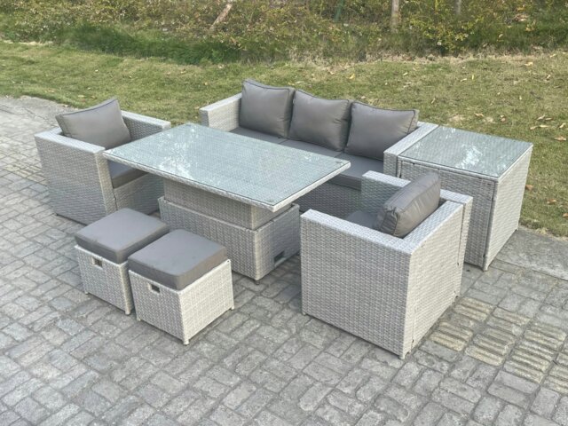 Rackhams Rattan Garden Funiture Set Adjustable Rising Lifting Table Sofa Dining Set With 2 Arm Chair Side Table Stools - image 1