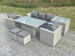 Rackhams Rattan Garden Funiture Set Adjustable Rising Lifting Table Sofa Dining Set With 2 Arm Chair Side Table Stools - thumbnail 1