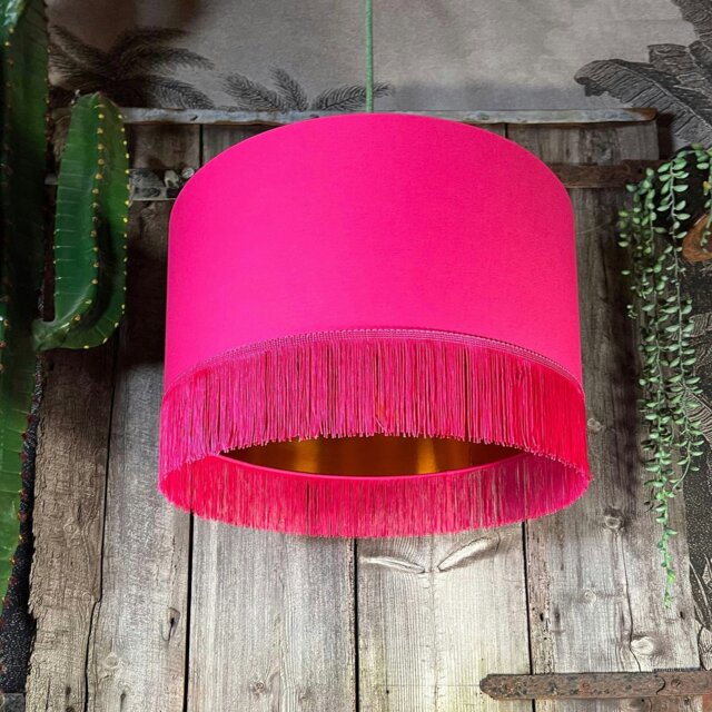 "Rackhams Pomegranate Pink Lampshade with Copper Foil Lining & Pink Fringing - Ceiling Pendant / Arc Lamp - 40cm Diameter x 23cm Height / (16"" x 9"")" - image 1
