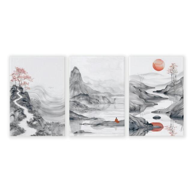 Rackhams Modern Living Room Art - Set of 3 Asian Inspired Wall art Prints - 16 x 22 inches / 40.65 cm x 56 cm - Polyester Canvas 260 gsm - Canvas wrapped - image 1