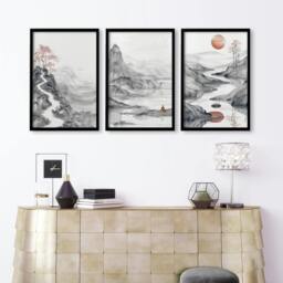 Rackhams Modern Living Room Art - Set of 3 Asian Inspired Wall art Prints - 16 x 22 inches / 40.65 cm x 56 cm - Polyester Canvas 260 gsm - Canvas wrapped - thumbnail 3
