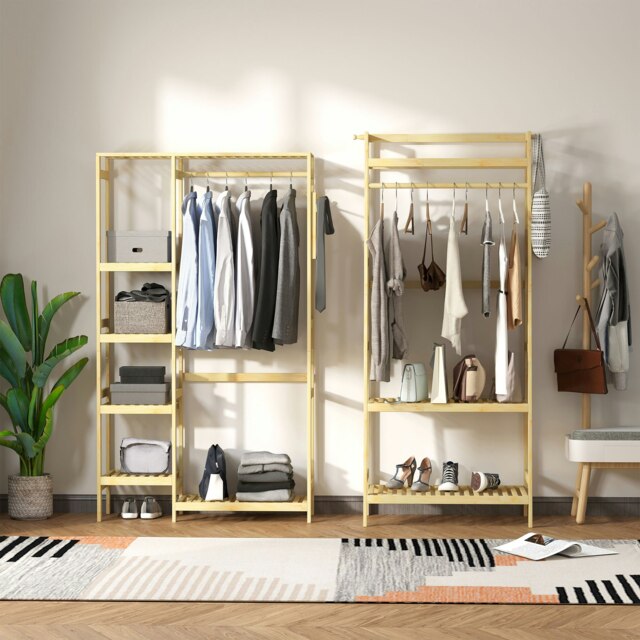 Rackhams Bamboo Coat Rack w/ Hooks Hanging Rail and Storage Shelf - Natural wood finish - 90cm x 30cm x 155cm - image 1