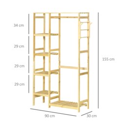Rackhams Bamboo Coat Rack w/ Hooks Hanging Rail and Storage Shelf - Natural wood finish - 90cm x 30cm x 155cm - thumbnail 3